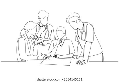 Continuous one line drawing of team of surgeons meeting to discuss best surgical approach for patient, hospital surgical team concept, single line art