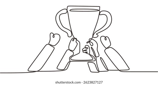 Equipo de dibujo continuo de una línea que sostiene el trofeo. Minimalista trabajo en equipo éxito colaboración logro logro logro grupo Vector.