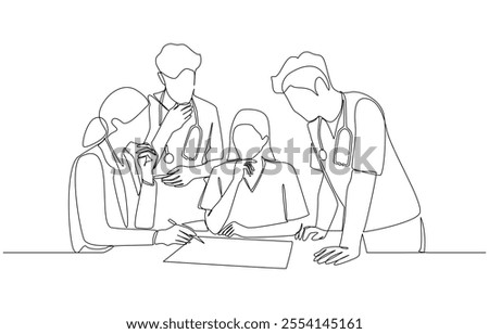 Continuous one line drawing of team of surgeons meeting to discuss best surgical approach for patient, hospital surgical team concept, single line art