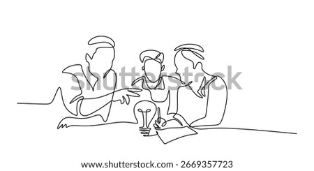 Continuous one line drawing of a team around a light bulb. A concept of brainstorming, innovation, and creative teamwork. Minimalist hand drawn vector illustration.