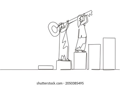 Continuous one line drawing teamwork, key to success. Unlock business solution. Arab businessman and businesswoman with key climbing up column chart to win or success. Single line draw design vector
