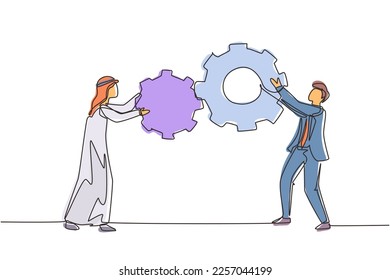 Continuous one line drawing teamwork cooperation in gear mechanism. Two Arab businessmen engaged in business direction to successful. Huge cogwheel machine. Single line draw design vector illustration