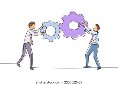 Continuous one line drawing teamwork cooperation in gears mechanism. Two businessmen engaged in business direction to successful. Huge cogwheel machine. Single line draw design vector illustration