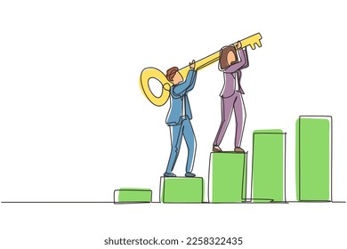 Continuous one line drawing teamwork, key to success. Unlock business solution concept. Businessman or entrepreneur with key climbing up column chart to win or success. Single line draw design vector