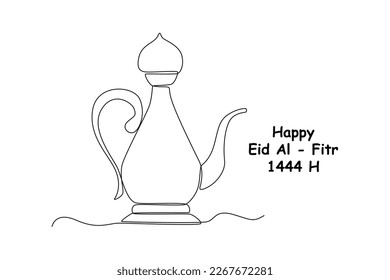 Tetera de dibujo continuo de una línea para Happy Eid Mubarak 1444H. Concepto de Eid al-Fitr. Ilustración gráfica vectorial de diseño de líneas simples.