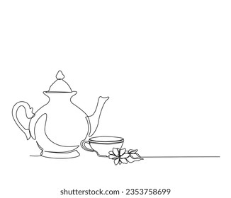 Dibujo continuo de una línea de tetera y taza de té. Una taza de té con la ilustración vectorial del contorno de la tetera. Trazo editable. 