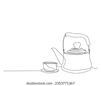 Continuous one line drawing of teapot and tea cup. A cup of tea with the teapot outline vector illustration. Editable stroke. 