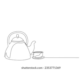 Continuous one line drawing of teapot and tea cup. A cup of tea with the teapot outline vector illustration. Editable stroke. 