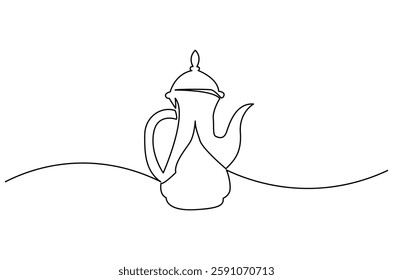 Continuous one line drawing of teapot. Single line drawing illustration of teapot for ramadan fasting. Ramadan kareem concept vector art. Doodle line illustration.
