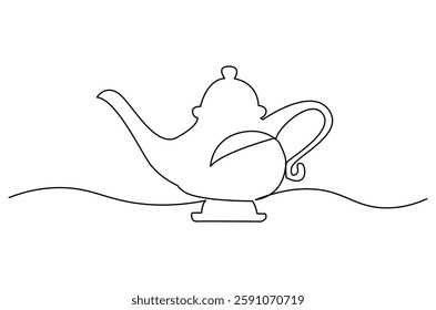 Continuous one line drawing of teapot. Single line drawing illustration of teapot for ramadan fasting. Ramadan kareem concept vector art. Doodle line illustration.
