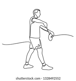 Continuous one line drawing of a teenage man playing Badminton players was isolated on a white background. Vector