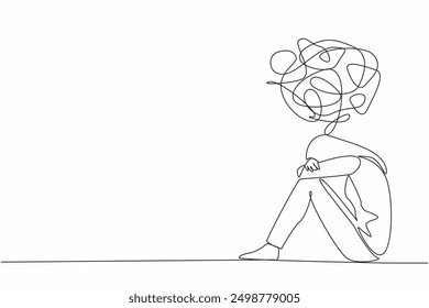 Continuous one line drawing teenage girl sitting on the floor crossing her arms on her knees. Suffering from deep stress. World Teen Mental Wellness Day. Single line draw design vector illustration