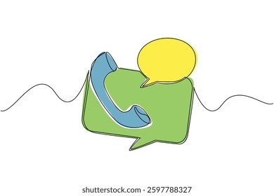 Continuous one line drawing telephone receiver with callout. Symbolization of conversation. Via chat or telephone. International Customer Support Day. Single line draw design vector illustration