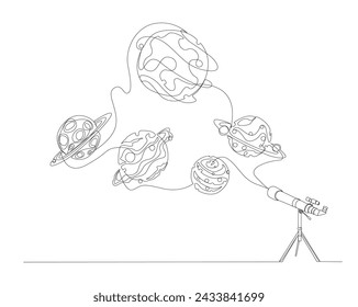 Continuous one line drawing of Telescope, planets and asteroids. Telescope and planets in simple outline illustration. Editable stroke.