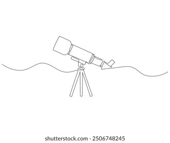 Continuous one line drawing of telescope. One line drawing illustration of telescope. World space day concept singe line. Editable outline.