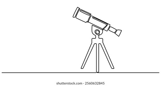 Continuous one line drawing of telescope. One line drawing illustration of telescope. World space day concept singe line. Editable outline, Continuous single one line sketch drawing of telescope outer