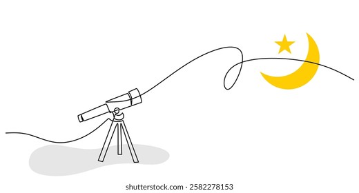 Continuous One line drawing of Telescope. Renaissance era exploration instrument. Vector illustration hand drawn.