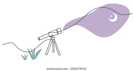 Continuous One line drawing of Telescope. Exploration tool from the Renaissance era. Vector illustration hand drawn.