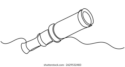 Continuous one line drawing of telescope. One line drawing illustration of telescope. World space day concept singe line. Editable outline, Continuous single line sketch drawing of telescope outer.