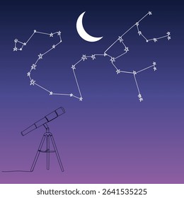 Continuous one line drawing of a telescope and starry sky. Concept of stargazing. Vector illustration 
