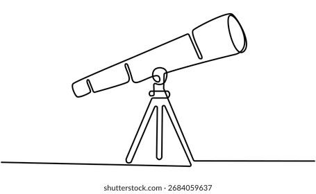 Kontinuierliche einzeilige Zeichnung des Teleskops. Eine zeichnerische Darstellung des Teleskops. Konzept des Weltraumtages in einer Linie. Handgezeichnetes Symbol, Vektorgrafik.