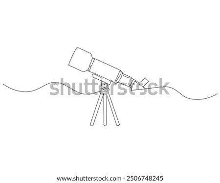 Continuous one line drawing of telescope. One line drawing illustration of telescope. World space day concept singe line. Editable outline.