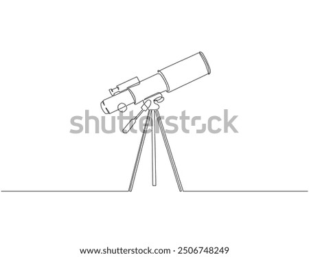 Continuous one line drawing of telescope. One line drawing illustration of telescope. World space day concept singe line. Editable outline.