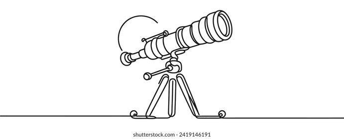 Continuous one line drawing telescopes. Outer space concept. Single line draw design vector graphic illustration.