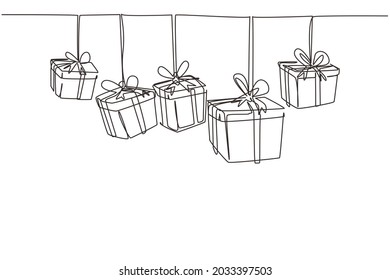 Continuous one line drawing template gifts box with party concept. Bday presents cardboard box or banner template with happy birthday typography. Single line draw design vector graphic illustration