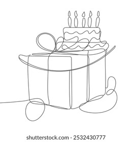 Continuous one line drawing template gifts box with party concept. Bday presents cardboard box or banner template with happy birthday Gift Box Continuous Line Icon.