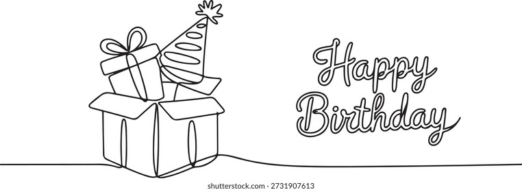 Caixa contínua de presentes de modelo de desenho de uma linha com conceito de festa. Bday apresenta caixa de papelão ou modelo de banner com tipografia de feliz aniversário.
