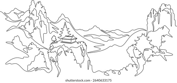 Continuous one line drawing temple in the mountains. Church on a rocky cliff. Religious building against the backdrop of nature. One continuous line isolated minimal illustration.Not AI.