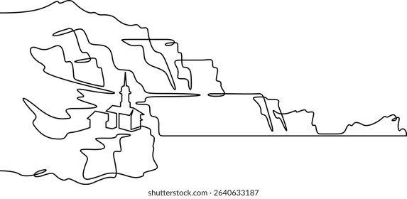 Continuous one line drawing temple in the mountains. Church on a rocky cliff. Religious building against the backdrop of nature. One continuous line isolated minimal illustration.Not AI.