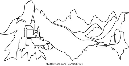 Continuous one line drawing temple in the mountains. Church on a rocky cliff. Religious building against the backdrop of nature. One continuous line isolated minimal illustration.Not AI.