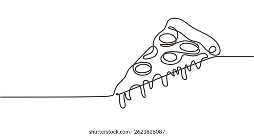 Continuous one line drawing of a tempting slice of pizza with cheese stretching from it. Vector illustration hand drawn.