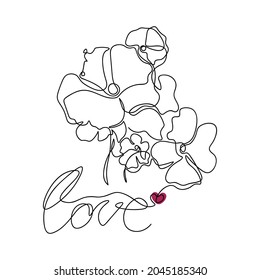 Continuous one line drawing tender flowers with leaves and with the word love.Minimalist design on white background.Composition of flowers in one line. Vector illustration