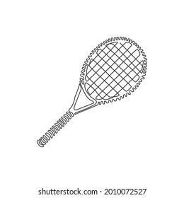 Continuous one line drawing tennis racket, tennis gear for game. Tennis court sport. Tennis as sport, hobby, classes. Outdoor activity. Swirl curl style. Single line design vector graphic illustration