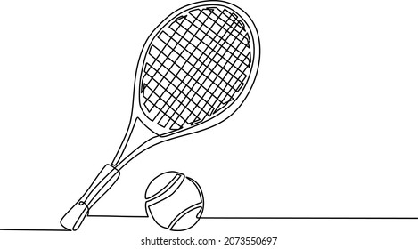 Continuous one line drawing tennis racket and ball equipment for competition play game. Sport tennis tournament and championship posters. Healthy activity. Single line draw design vector illustration