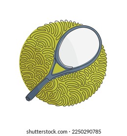 Continuous one line drawing tennis racket - tennis gear for game. Tennis court sport. Tennis as sport or hobby. Swirl curl circle background style. Single line draw design vector graphic illustration