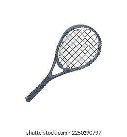 Continuous one line drawing tennis racket, tennis gear for game. Tennis court sport. Tennis as sport, hobby, classes. Outdoor activity. Swirl curl style. Single line design vector graphic illustration