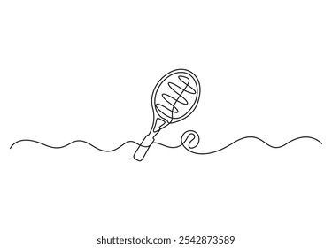 Continuous one line drawing of tennis sport theme with racket and ball. Sign and symbol of sports game drawn by single line. Vector illustration