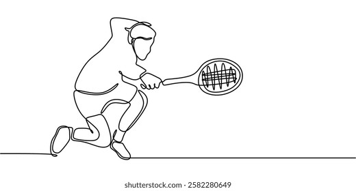 Continuous one line drawing of a tennis player hitting the ball. Representation of precision, technique, and competitive sports. Vector illustration hand drawn.