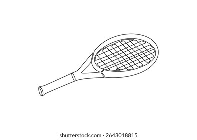 Desenho contínuo de uma linha de raquete de tênis. Ilustração de desenho de linha única de equipamento de tênis para o jogo. O tênis é um conceito olímpico de arte vetorial.