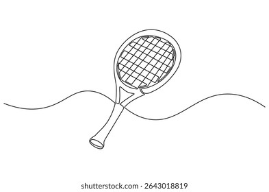 Desenho contínuo de uma linha de raquete de tênis. Ilustração de desenho de linha única de equipamento de tênis para o jogo. O tênis é um conceito olímpico de arte vetorial.