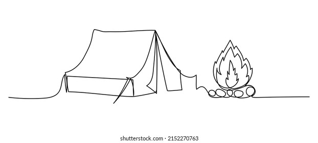 Continuous One Line Drawing Of Tent And Campfire. Vector Illustration