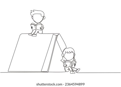 Continuous one line drawing a tent made of books. The kids reading the adventure fiction books in the wild. Addicted to reading. Book festival concept. Single line draw design vector illustration