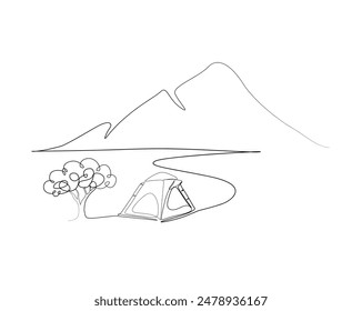 Continuous one line drawing of tent camping in nature. Canvas tent with tree and mountain line art vector illustration. Editable stroke.	
