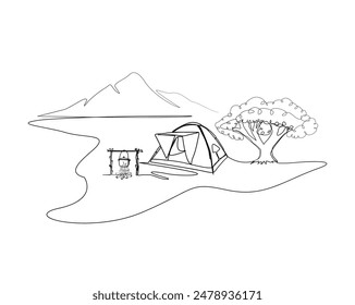 Continuous one line drawing of tent camping in nature. Canvas tent with tree and mountain line art vector illustration. Editable stroke.	