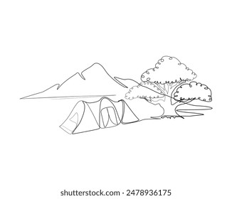 Continuous one line drawing of tent camping in nature. Canvas tent with tree and mountain line art vector illustration. Editable stroke.	