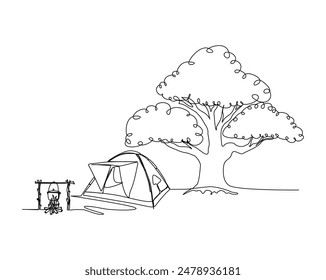 Continuous one line drawing of tent camping in nature. Canvas tent with tree and mountain line art vector illustration. Editable stroke.	
